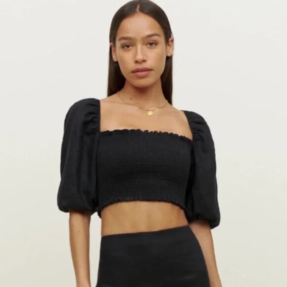 Reformation Scarlett Linen Black Puff-Sleeve Smocked Crop Top - Picture 2 of 5